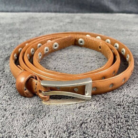 Studded Belt Womens Brown Leather Studs Metal Skinny Waist Minimal 37"Length Ttl - Picture 1 of 9